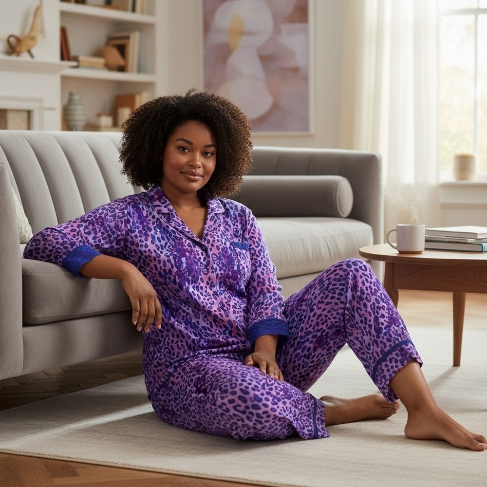 Rhonda Shear Womens 1X Purple Leopard Pajama‎ Set Button & Top lightweight